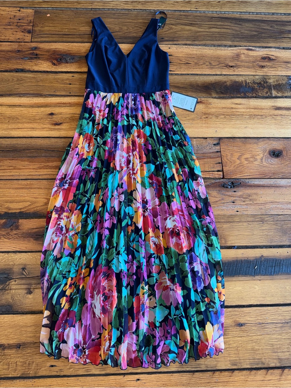 Xscape V-Neck Maxi Dress with Navy Bodice and Multi-Color Floral Skirt